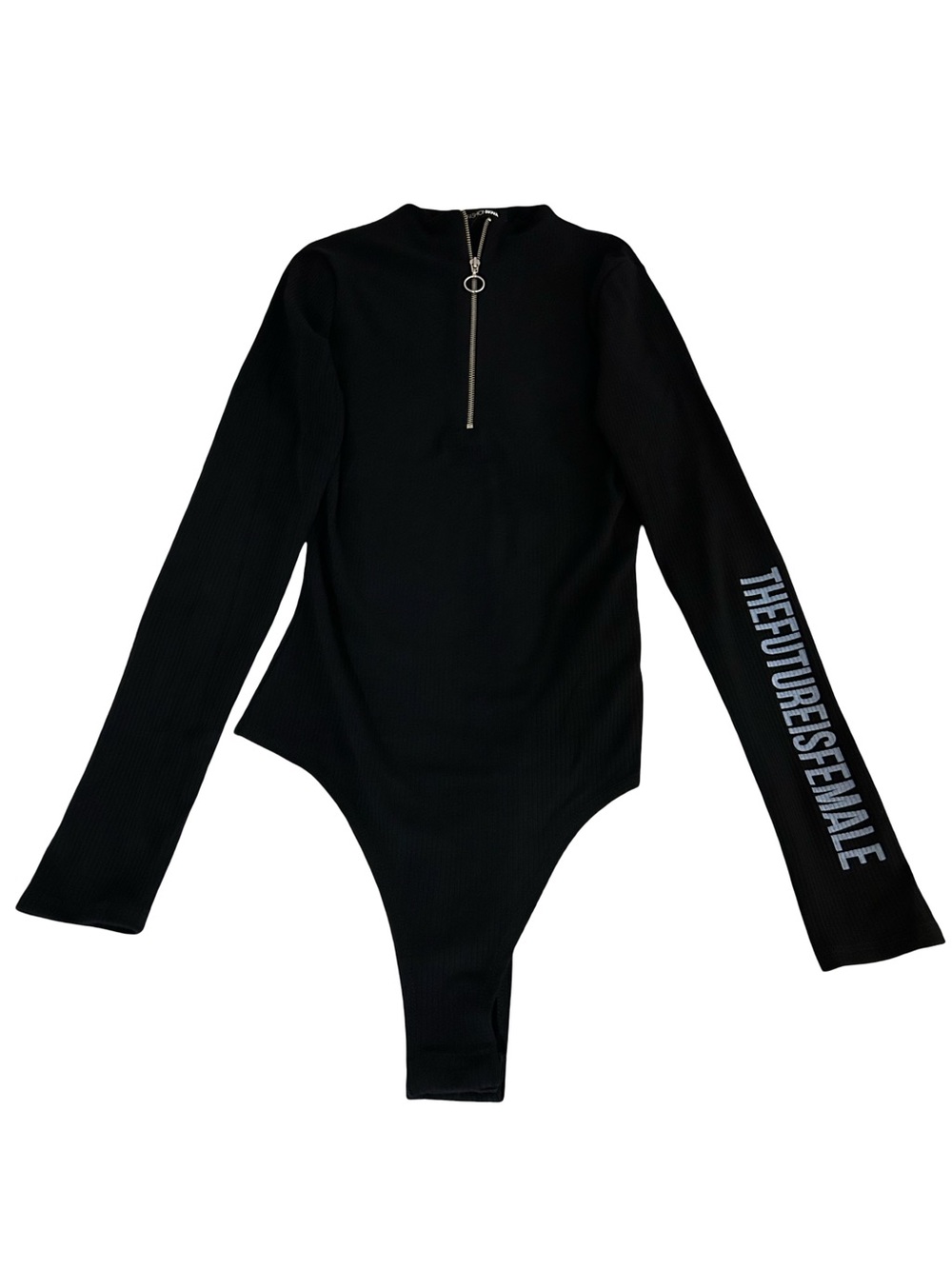 BRAND NEW! Black Long-Sleeve Zip Front Bodysuit - TheFutureIsFemale Sleeve